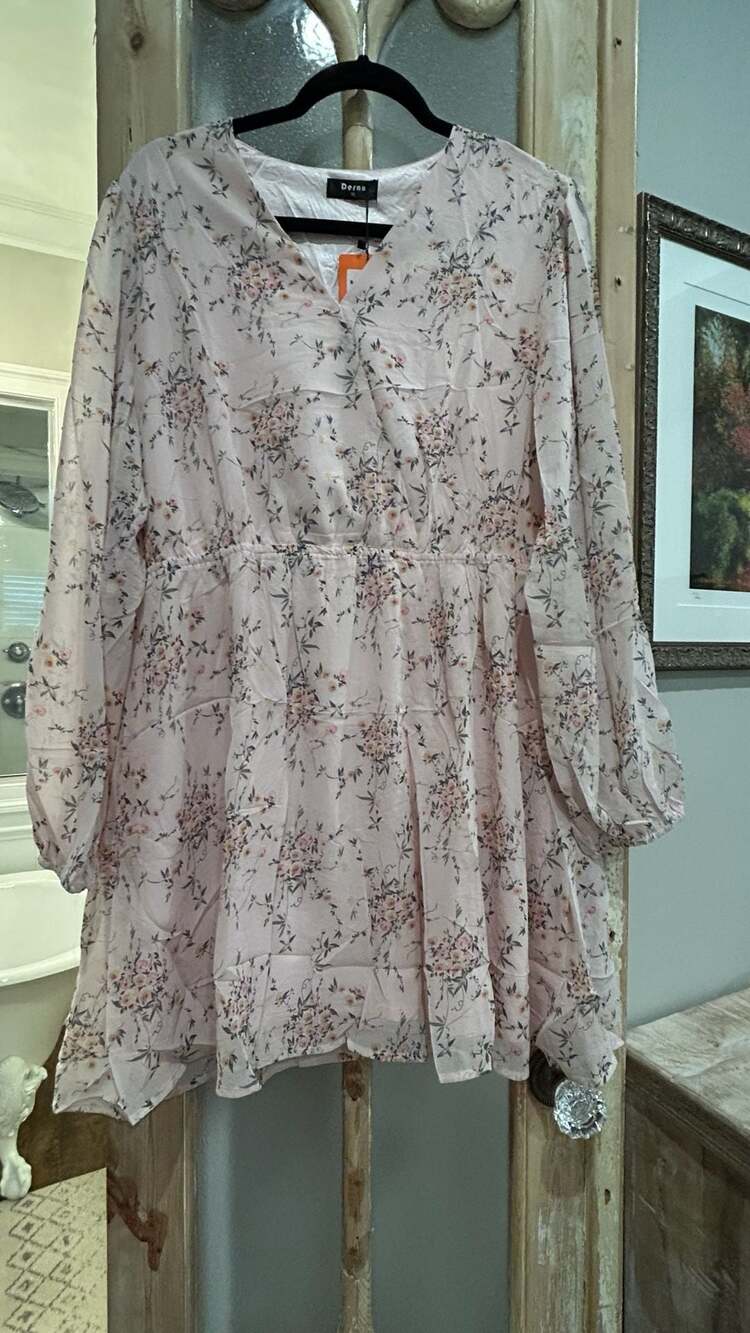 Derax Pink Floral Dress Size XL Long Sleeve V-Neck Chiffon